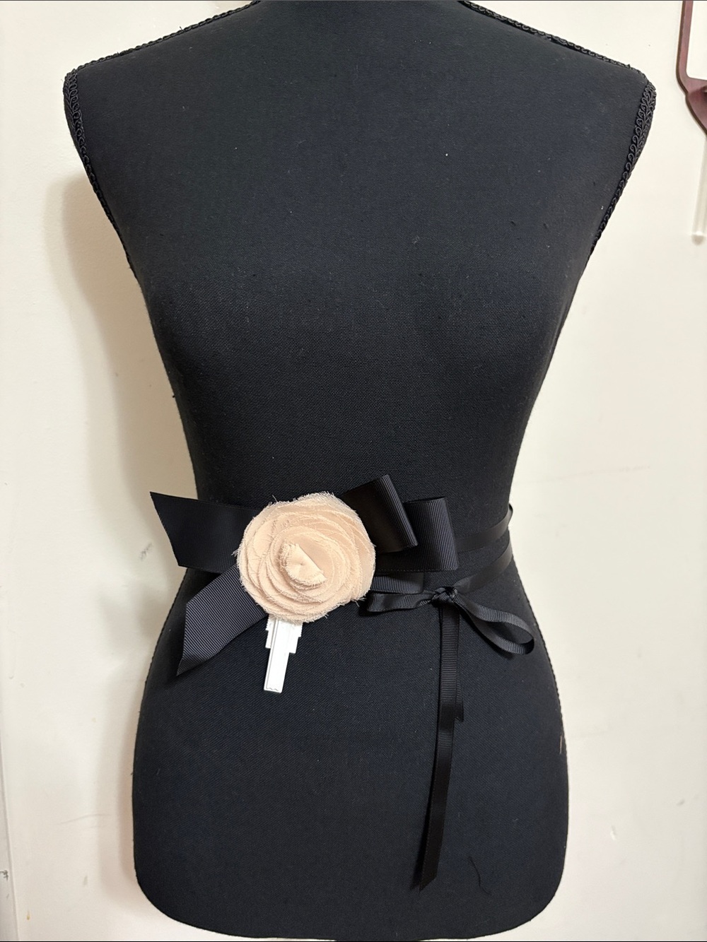 J crew Elegant Black Sash Belt with Beige Floral Accent